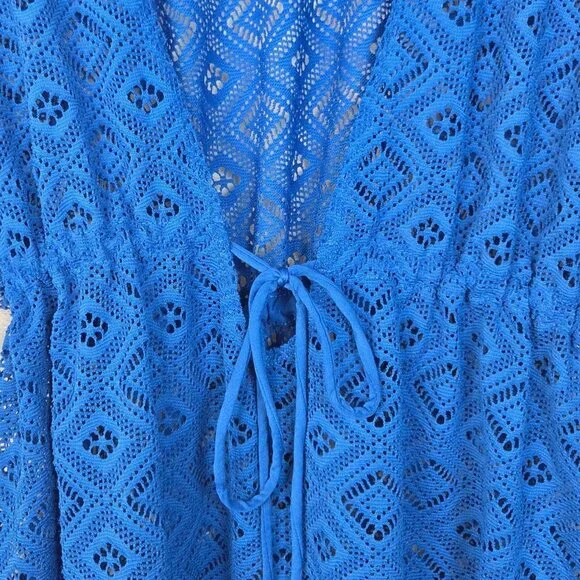 Wave Zone Blue Crochet Tie Waist V-Neck Beach Swimsuit Coverup Plus Size 1X - Picture 3 of 7